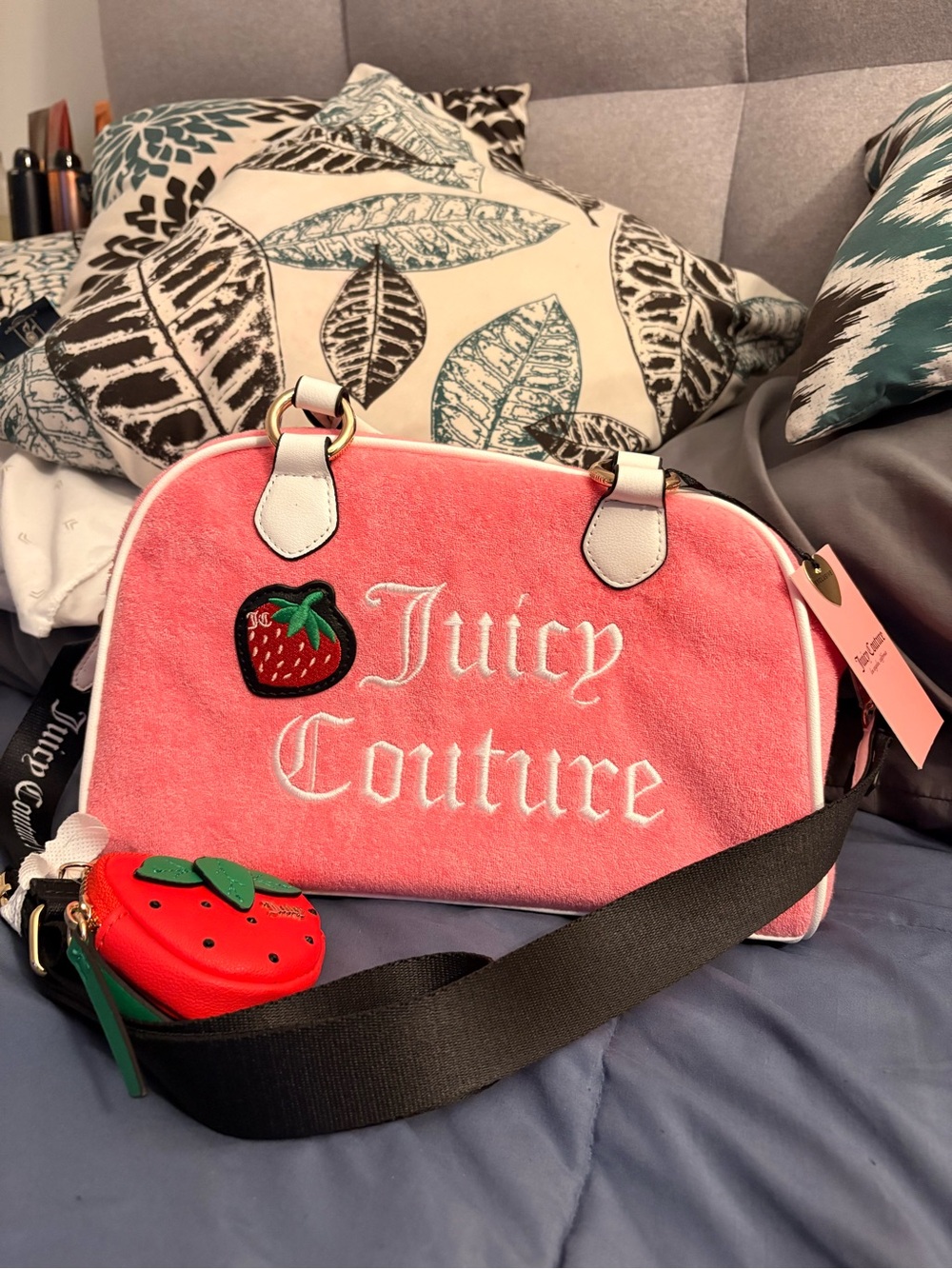 Juicy Couture Pink Velour Dome Shoulder Bag with Strawberry Charm